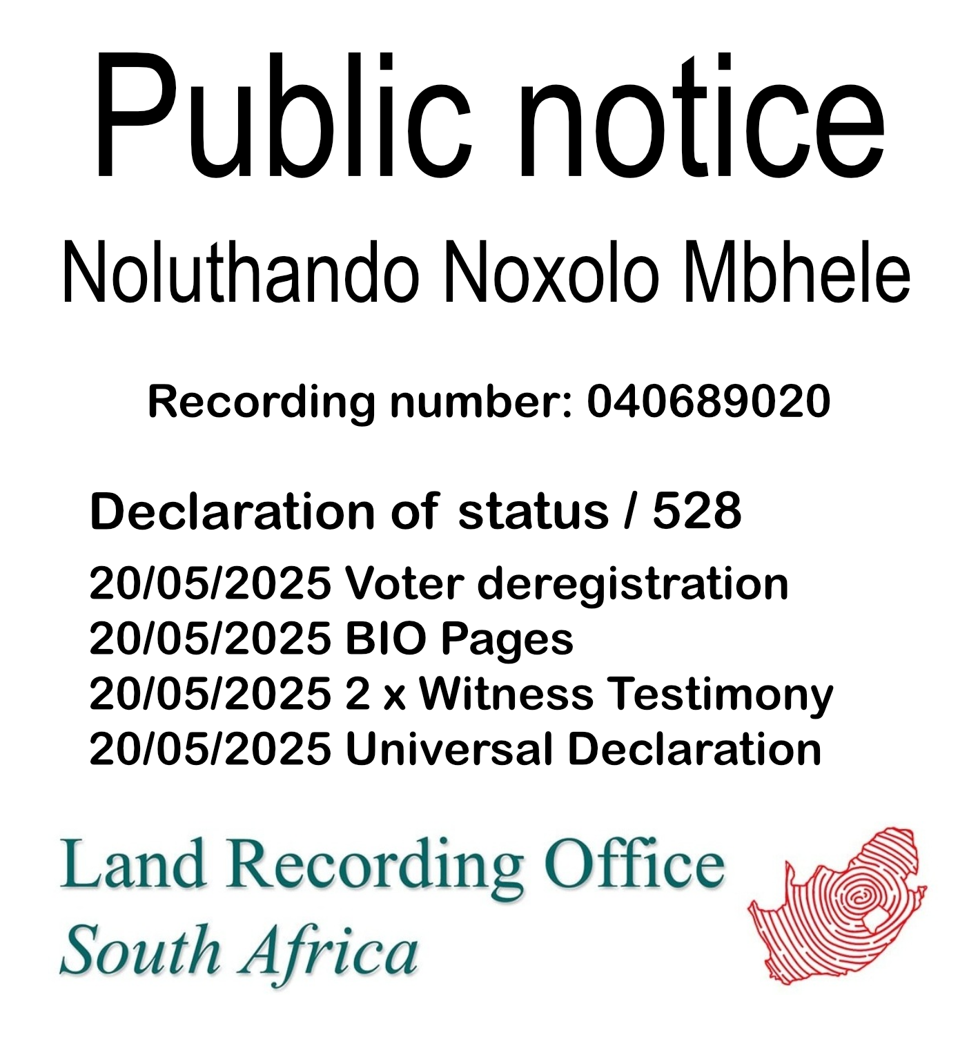 Public Notice Noluthando Noxolo Mbhele (c) Recording number 040689020